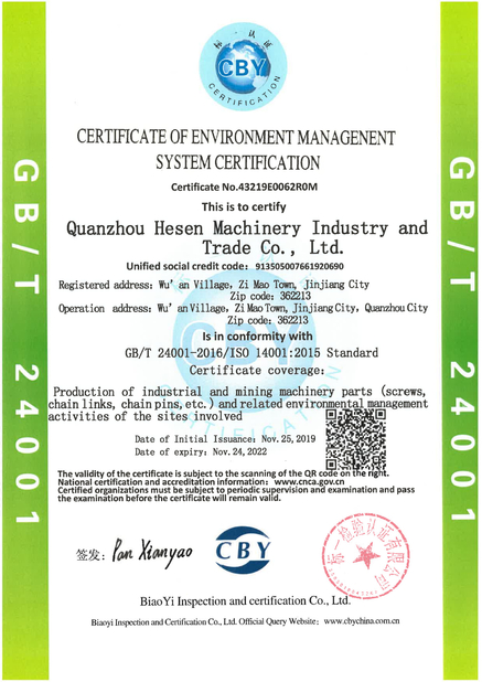 中国 Quanzhou Hesen Machinery Industry Co., Ltd. 認証